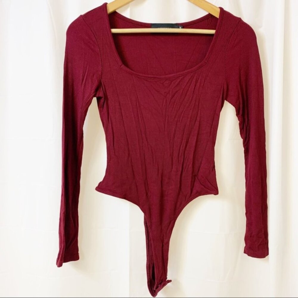 Workhall Burgundy Square Neck Ribbed Long Sleeve Bodysuit
